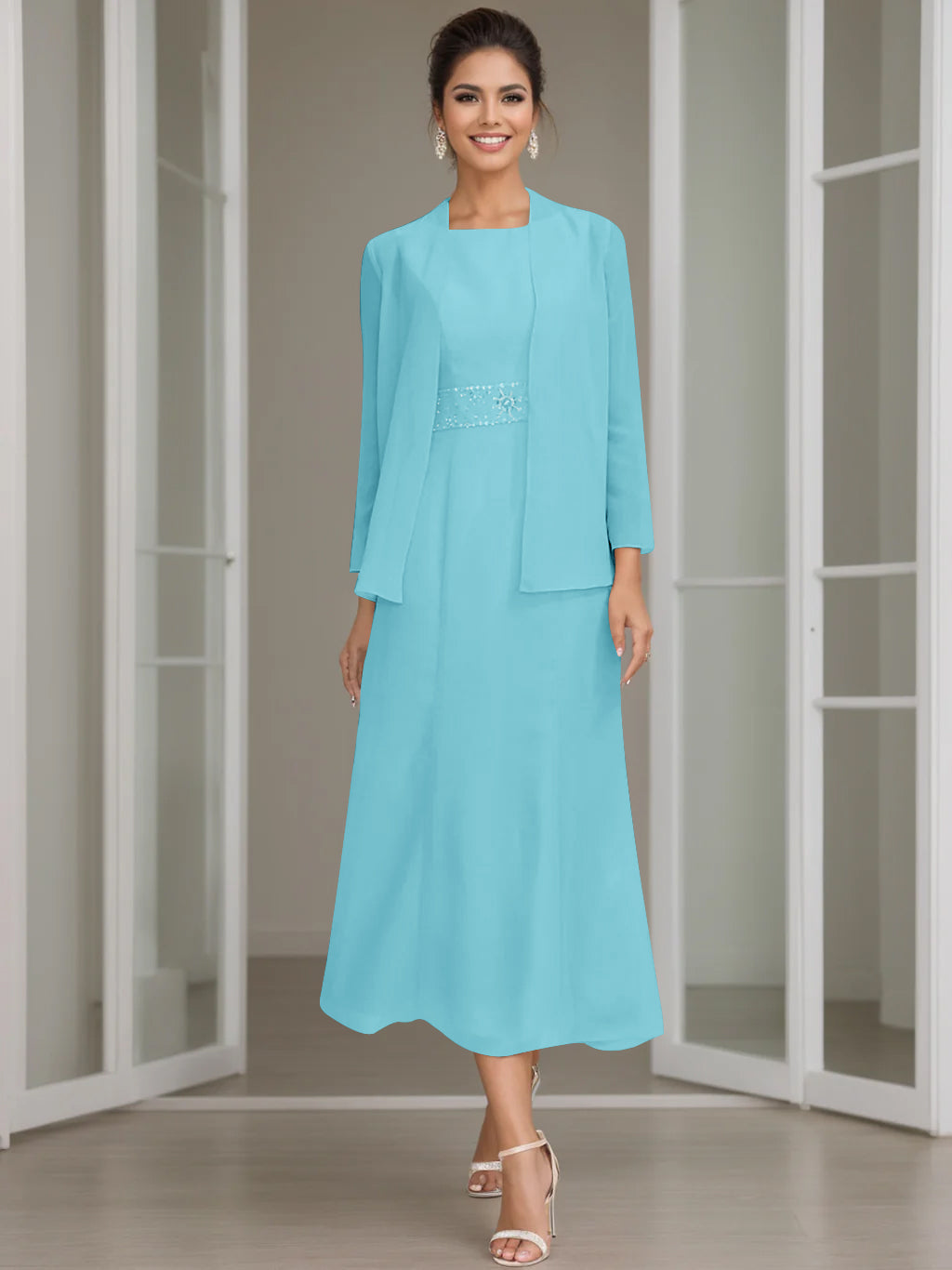 Tea Length Mother of the Bride Sheath Dress with Beaded Jacket