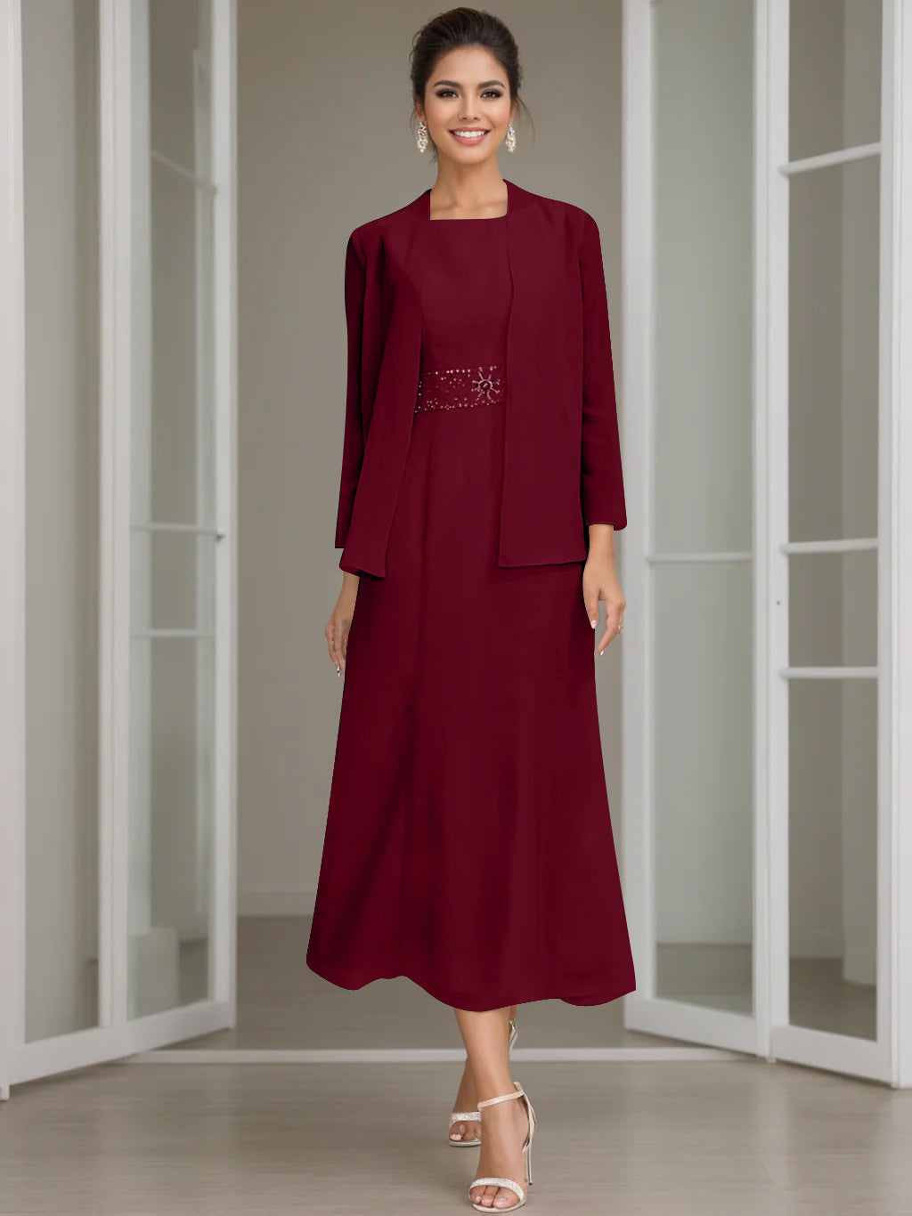 Tea Length Mother of the Bride Sheath Dress with Beaded Jacket