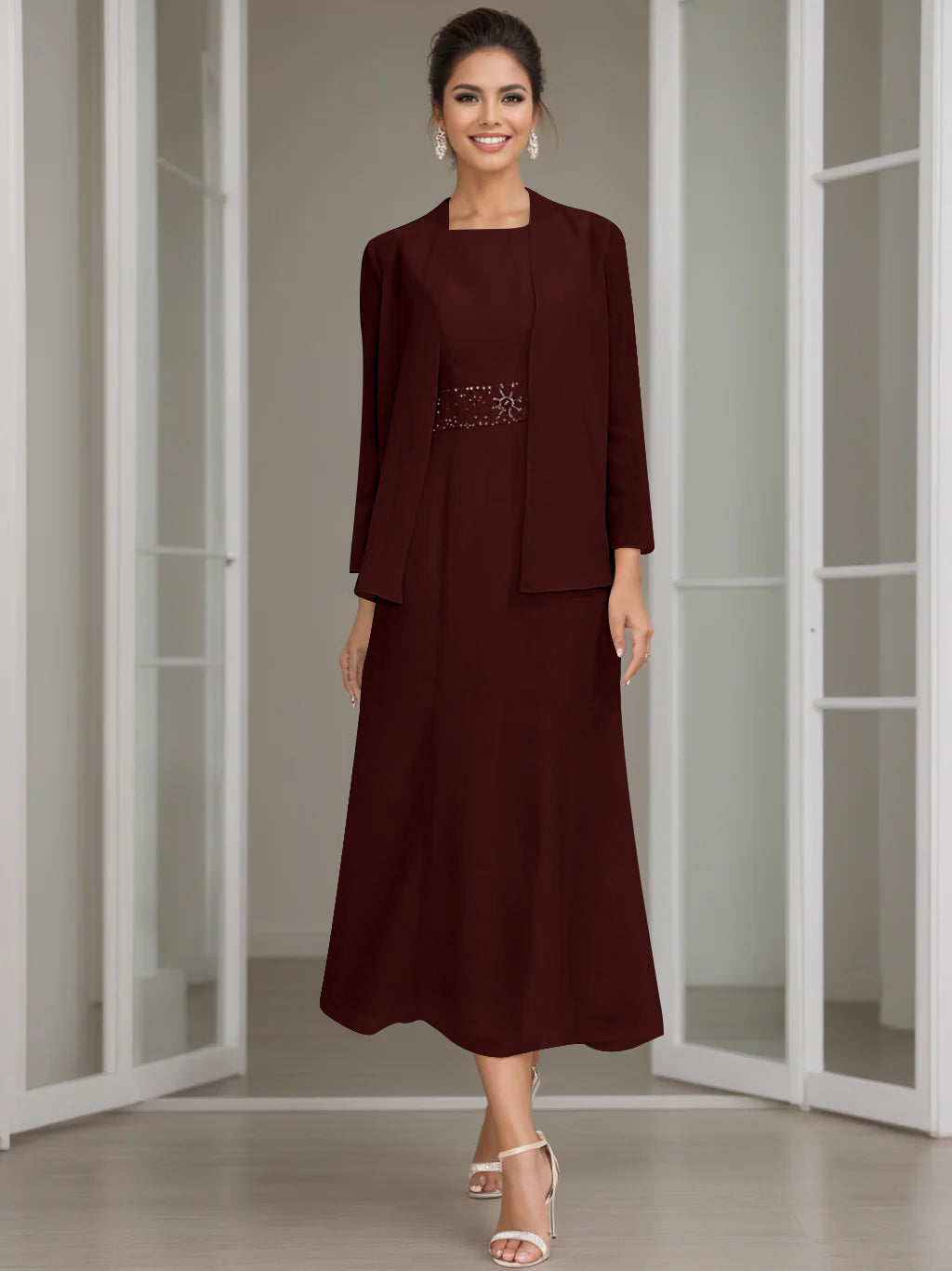 Tea Length Mother of the Bride Sheath Dress with Beaded Jacket