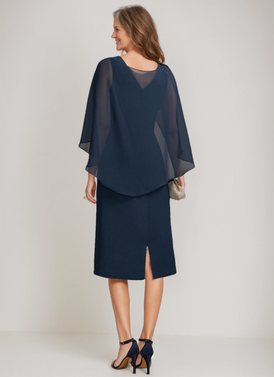 Tea Length Mother of the Bride Sheath Dress with Detachable Beaded Cape and Ruffles