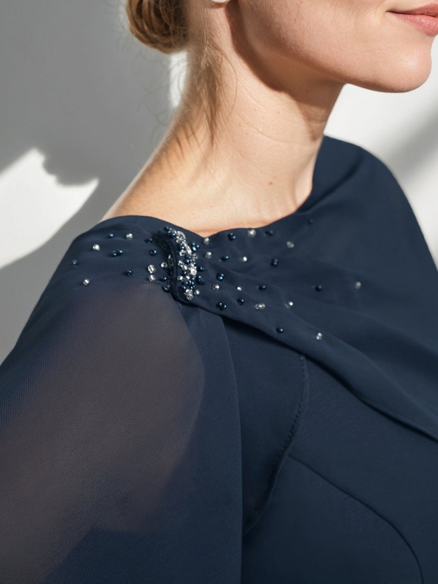 Tea Length Mother of the Bride Sheath Dress with Detachable Beaded Cape and Ruffles