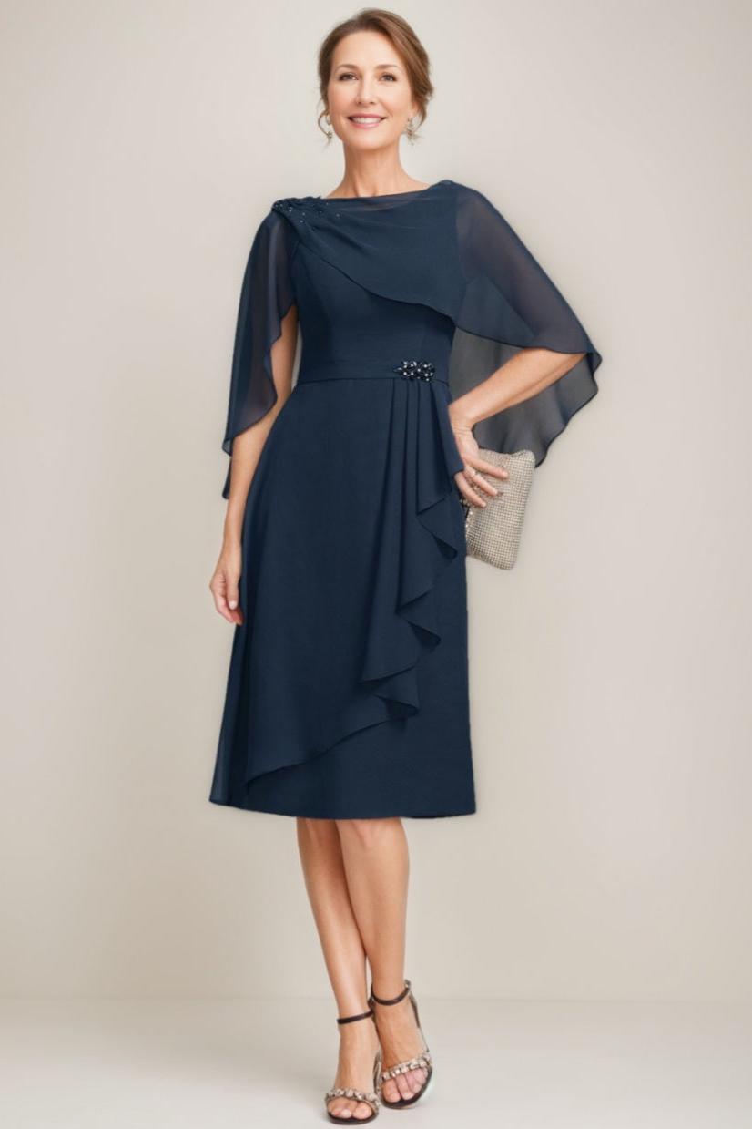 Tea Length Mother of the Bride Sheath Dress with Detachable Beaded Cape and Ruffles