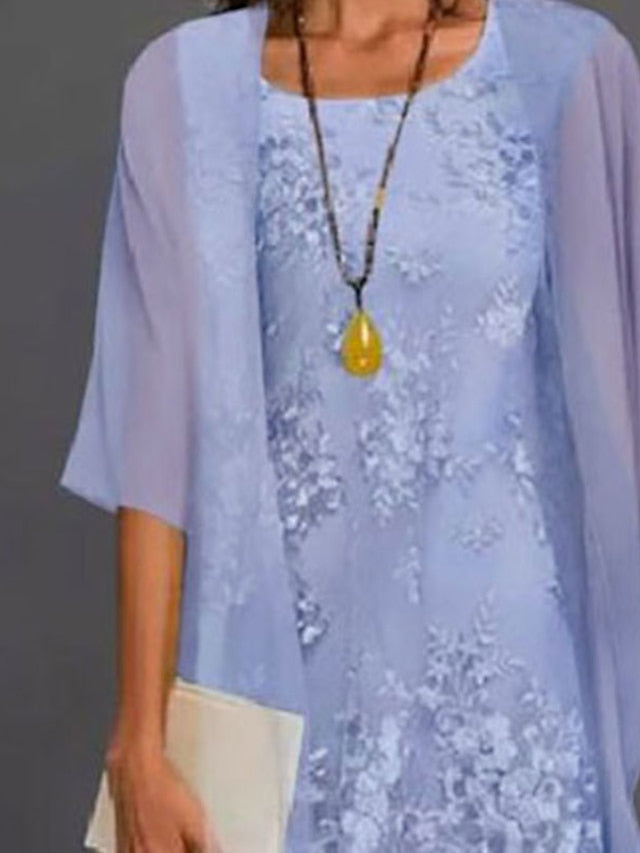 Tea Length Mother of the Bride Sheath Column Dress with Jewel Neckline
