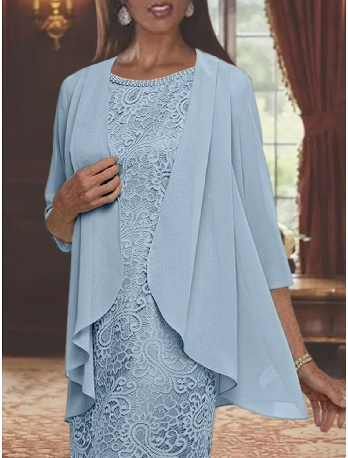 Tea Length Mother of the Bride Sheath Column Jewel Neck Dress