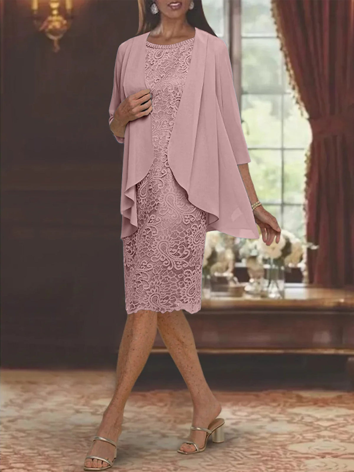 Tea Length Mother of the Bride Sheath Column Jewel Neck Dress