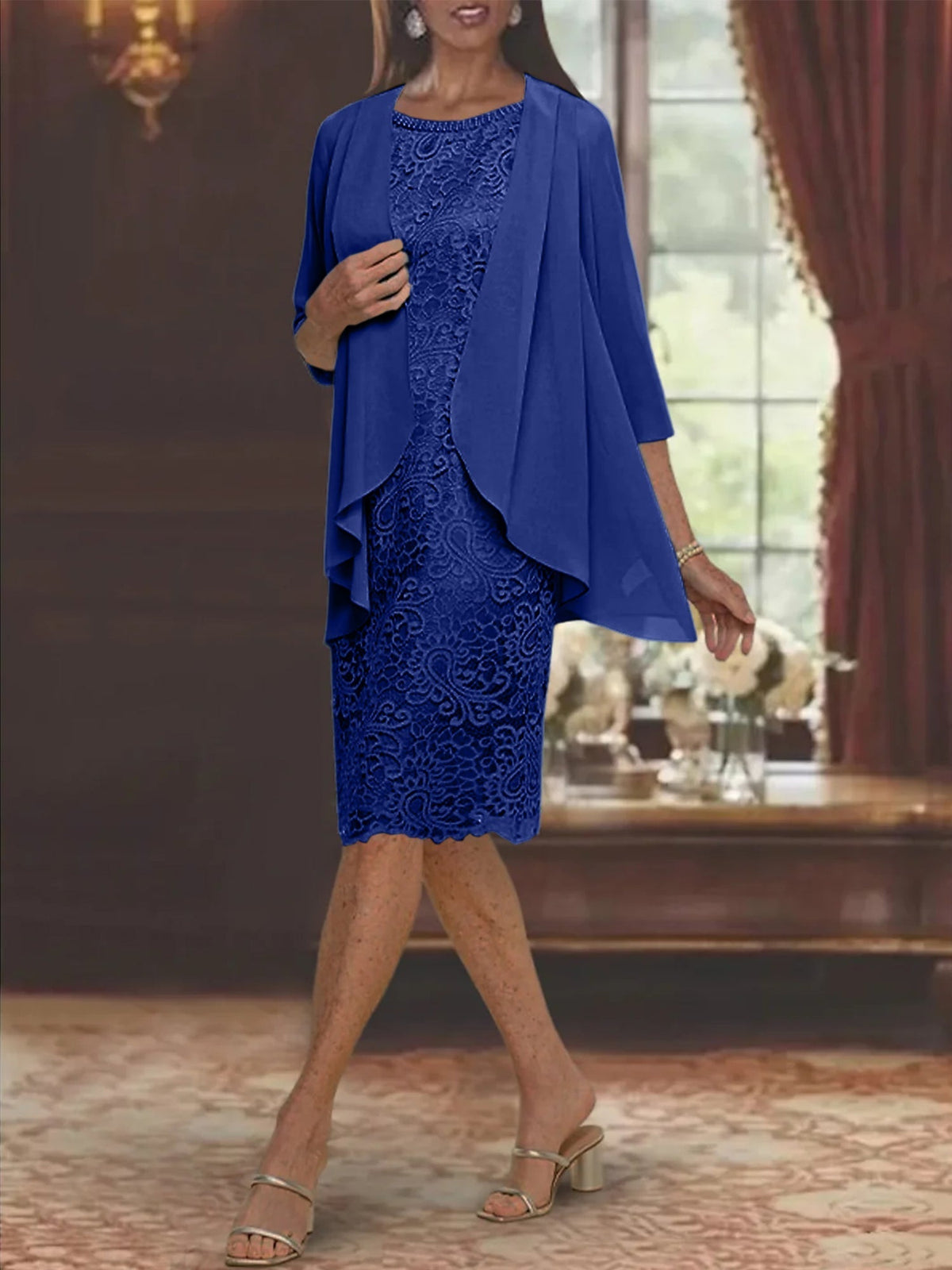 Tea Length Mother of the Bride Sheath Column Jewel Neck Dress