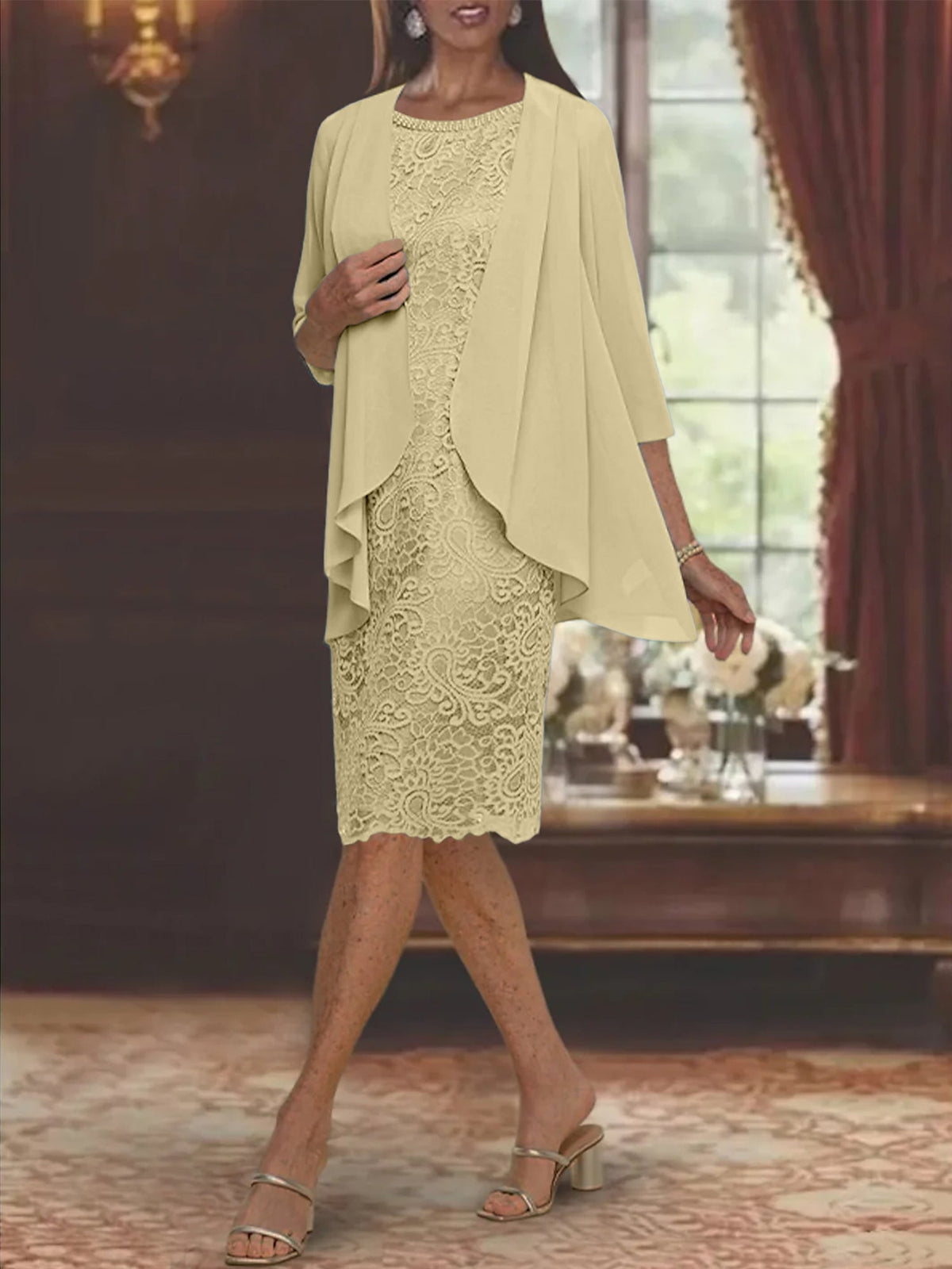 Tea Length Mother of the Bride Sheath Column Jewel Neck Dress