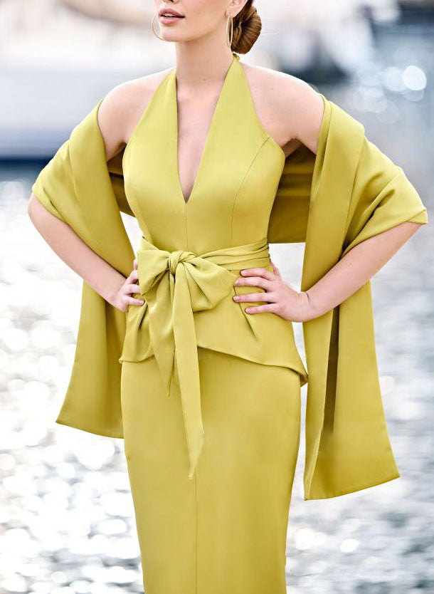 Tea Length Sleeveless Halter Mother of the Bride Dress with Bowknot