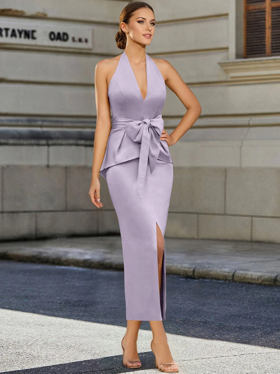Tea Length Sleeveless Halter Mother of the Bride Dress with Bowknot