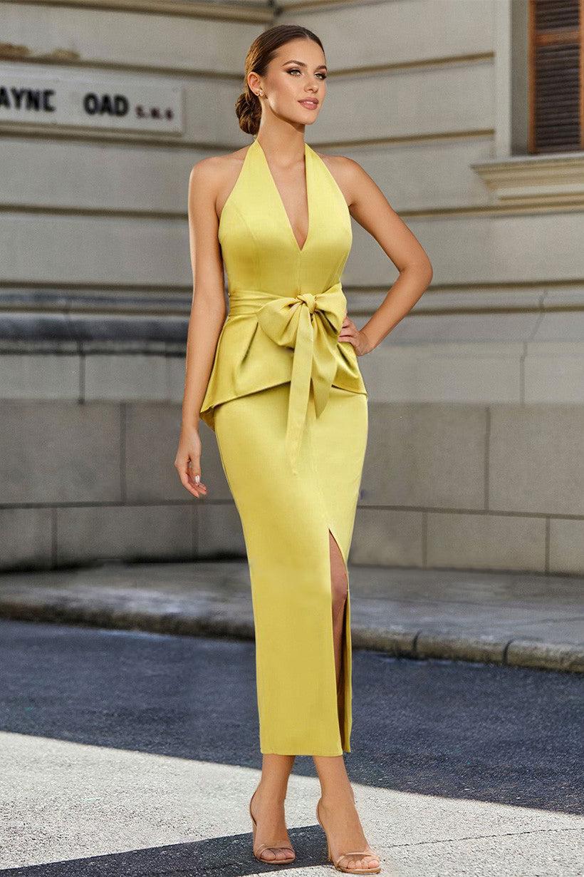 Tea Length Sleeveless Halter Mother of the Bride Dress with Bowknot