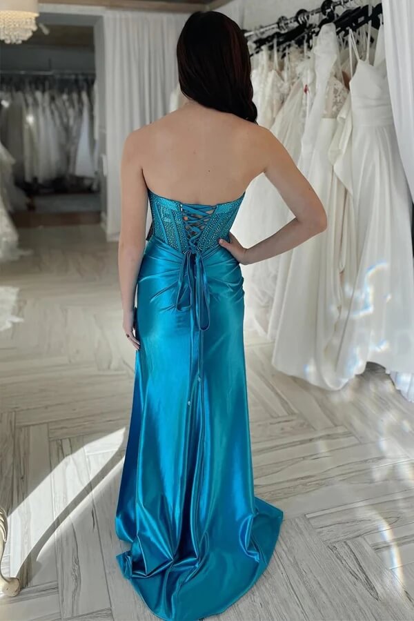 Teal Sheath Silk Satin Beaded Strapless Prom Dresses With Slit, Party Dress
