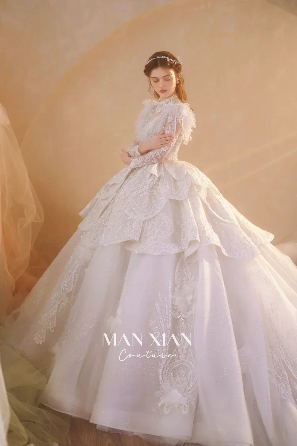 Regal Ivory High-Neck Lace Ball Gown with Sheer Sleeves, Ruffled Details & Crystal Embroidery (ZD16937)