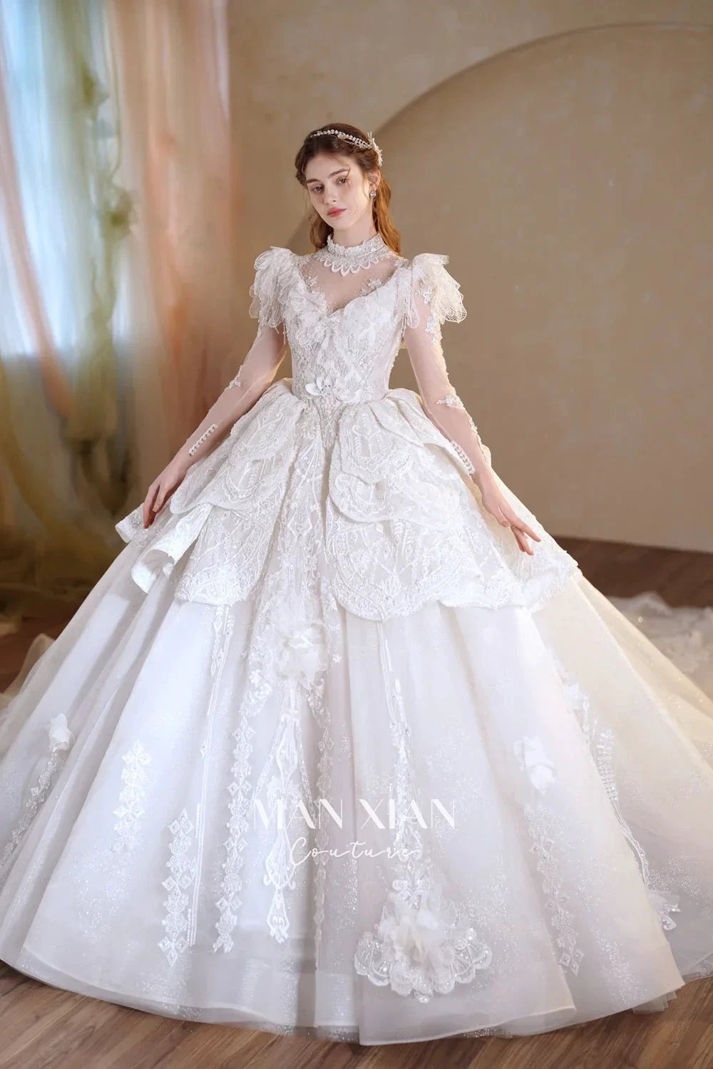 Regal Ivory High-Neck Lace Ball Gown with Sheer Sleeves, Ruffled Details & Crystal Embroidery A006 by ZAPDRESS