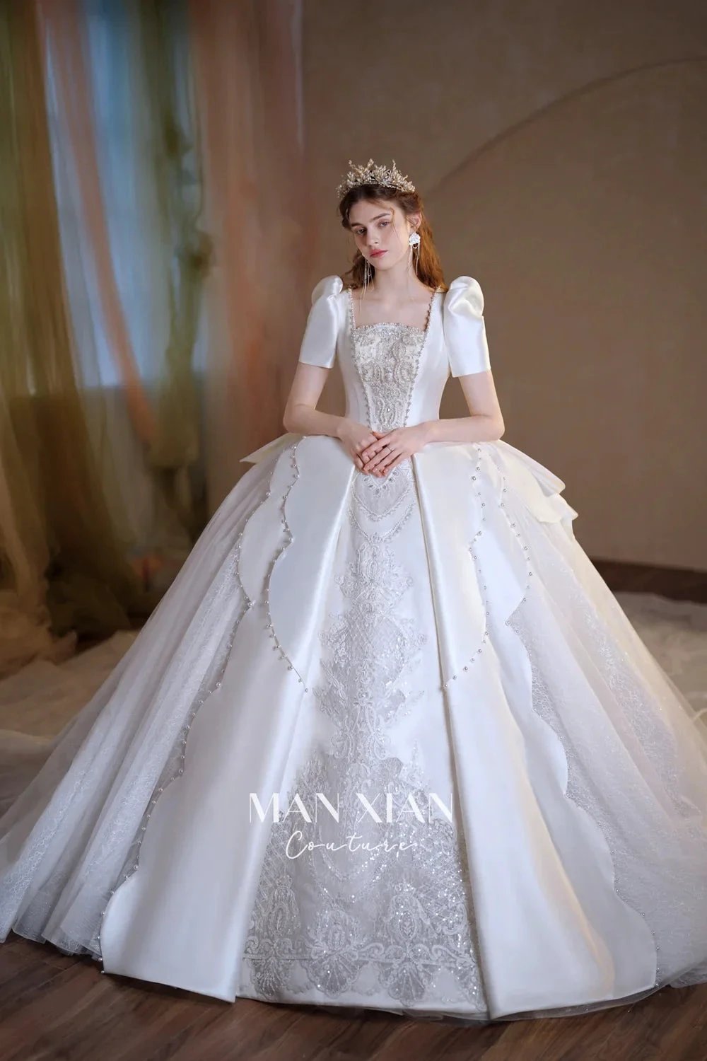 Regal Ivory Square-Neck Satin Ball Gown with Puff Sleeves, Pearl Embroidery & Oversized Bow Train m011 (ZD16938) - VelvetHem