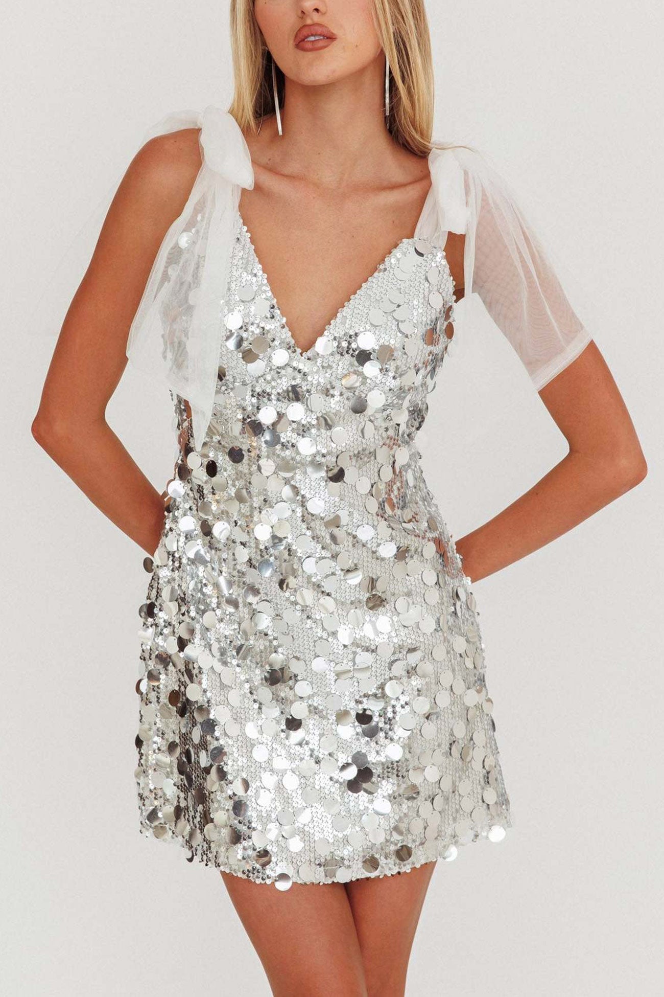 Tie up Low Cut Sequin Mini Dress