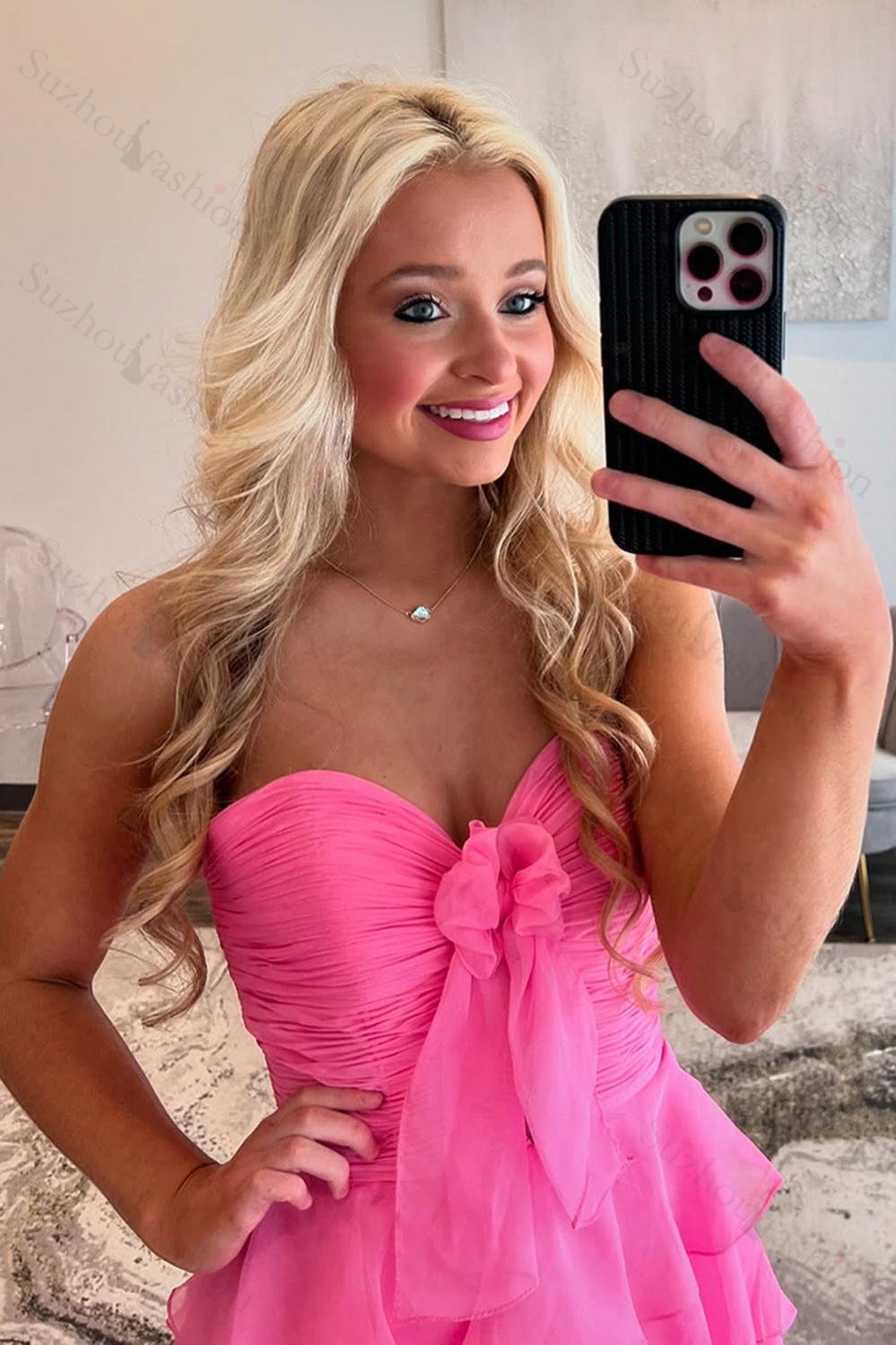 Tiered Fuchsia Prom Dress A-Line Sweetheart Formal Dress With Slit