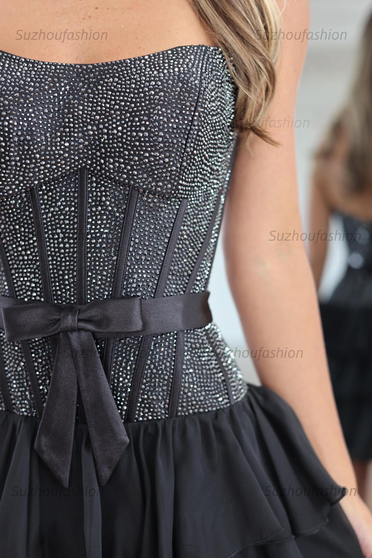 Tiered Strapless Corset Homecoming Dress Sleeveless Short Cocktail Dress with Bowknot