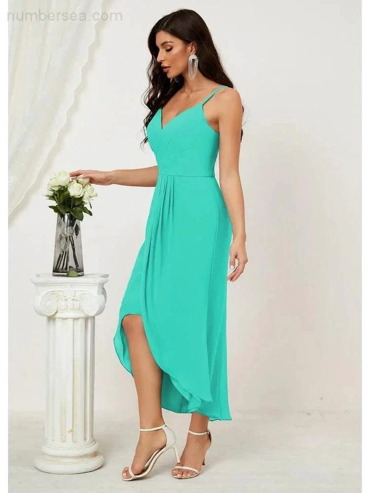 ZapDress Spaghetti Chiffon V Neck Bridesmaid Dress Mid-Length Slit Formal Prom Dress Homecoming Dress 2803 (ZD16952)
