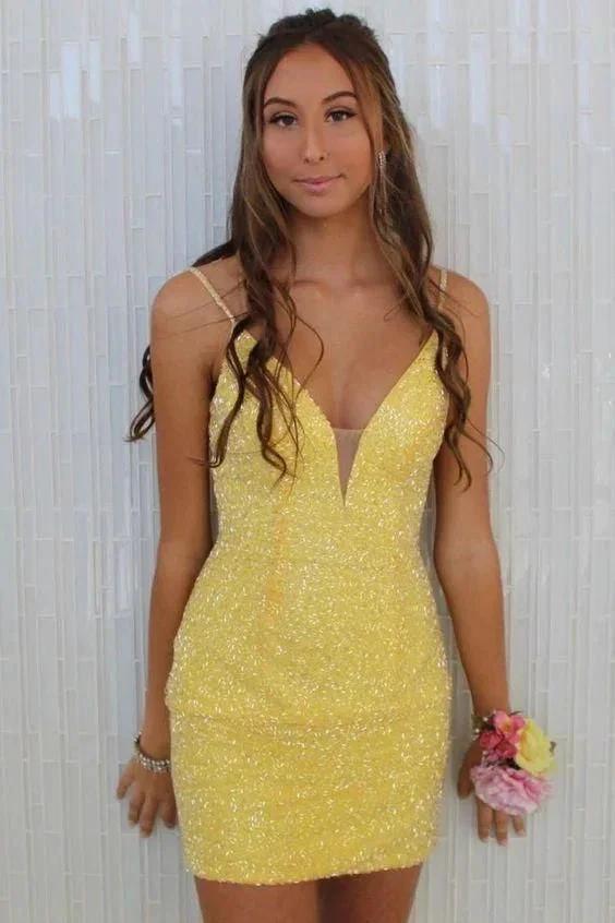 Tight Yellow Beaded Short Homecoming Dress SYH27 by vivymakudress