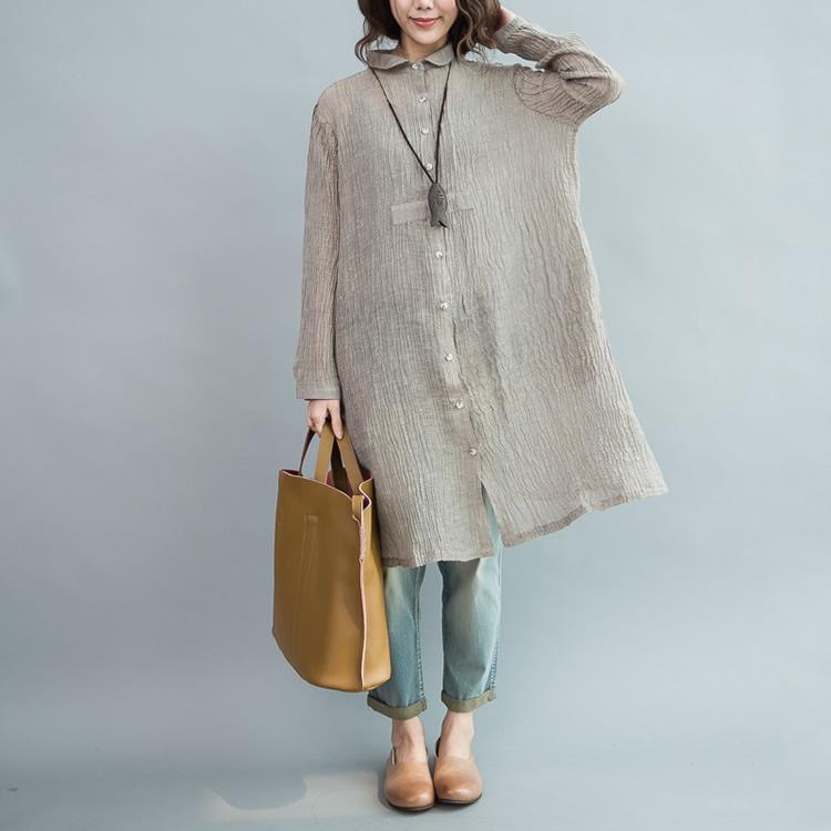 Gray pleated linen dresses oversize long sleeve linen blouses shift dress
