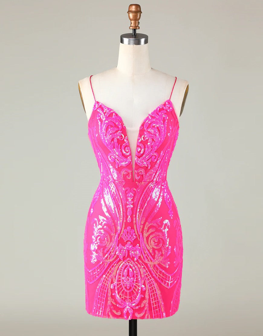 Trend Hot Pink Lace Up Tight Glitter Homecoming Dress - View 3 | VelvetHem