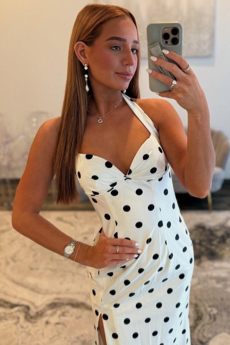 Mermaid Halter Neck White Polka Dots Long Prom Dress With Split Front Formal Evening Gown