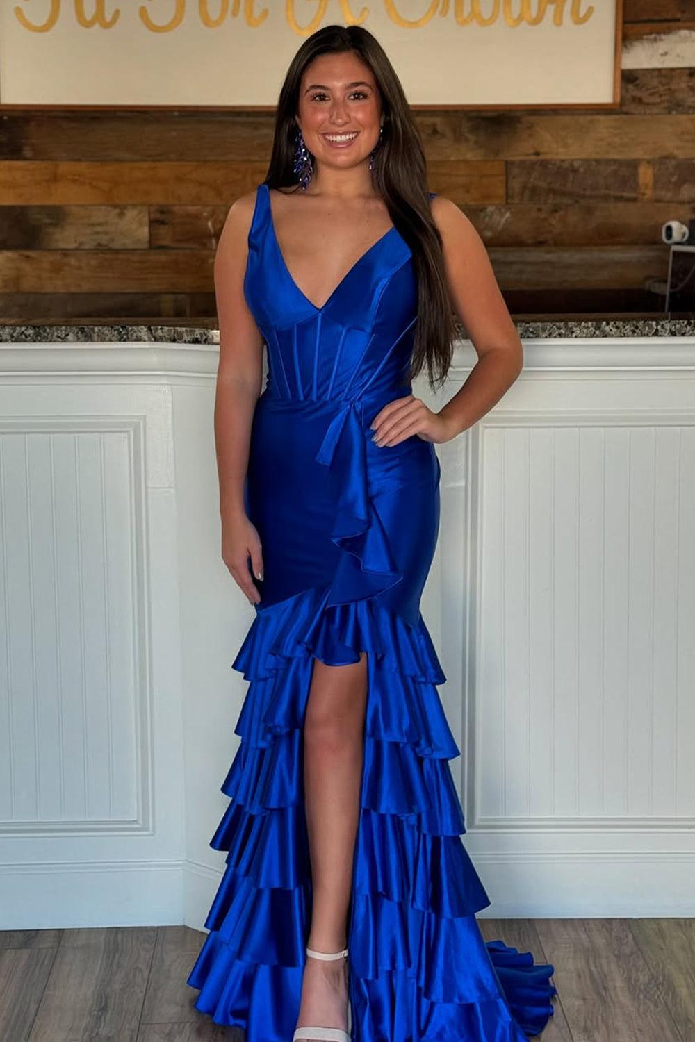 Suzhoufashion Trendy Mermaid V-Neck Sage Green Long Prom Dress With Ruffles Formal Evening Gown