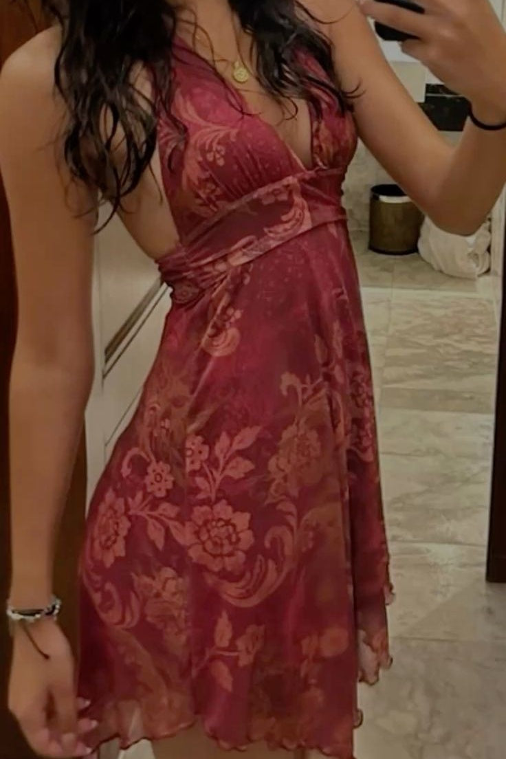 Trendy A Line Halter Neck Dark Red Printed Homecoming Dress with Ruffles