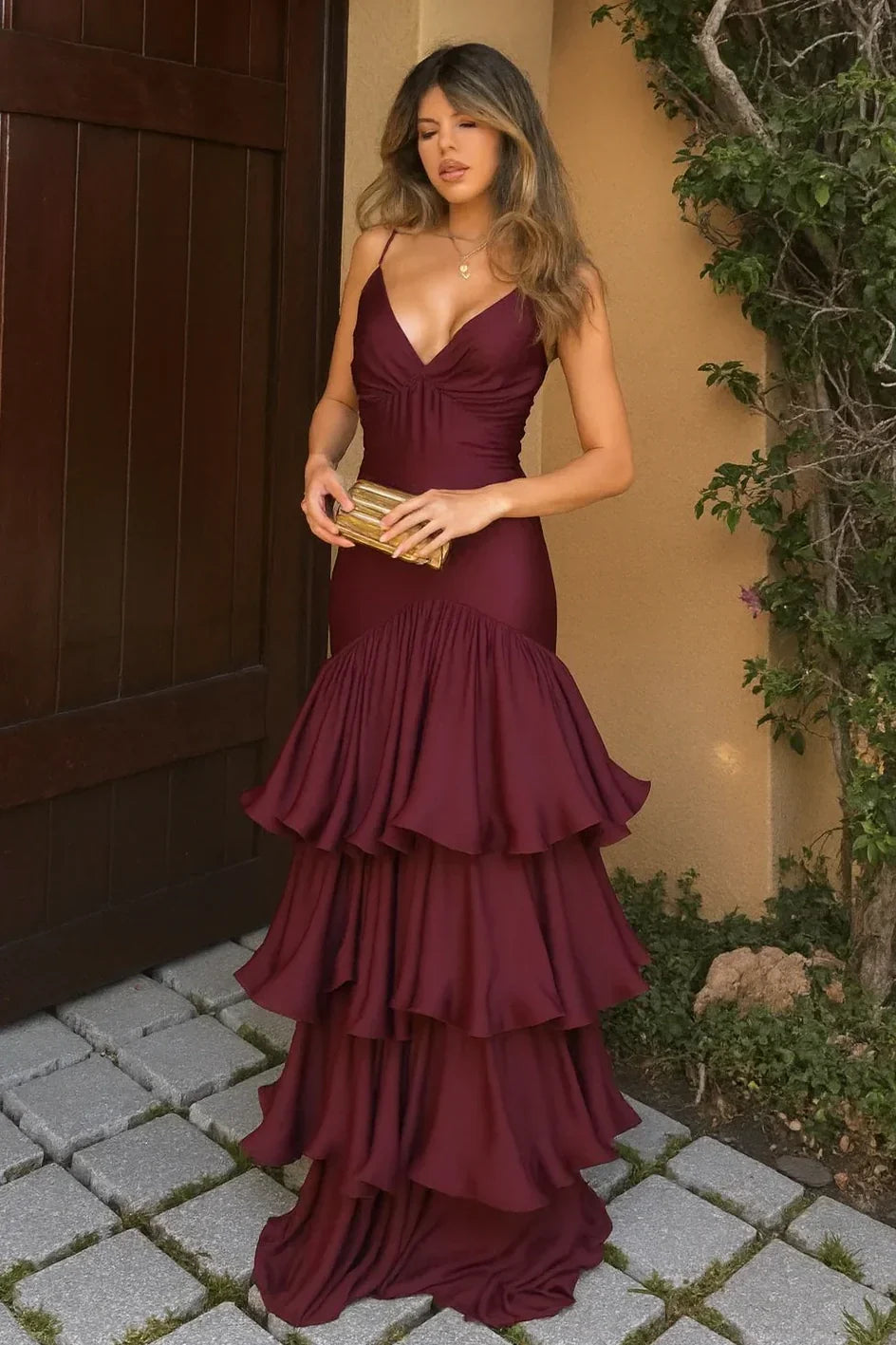 Trendy A Line Spaghetti Straps Burgundy Long Prom Dress with Ruffles