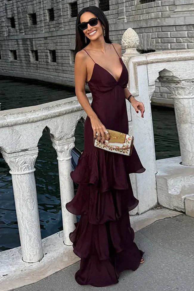 Trendy A Line Spaghetti Straps Burgundy Long Prom Dress with Ruffles