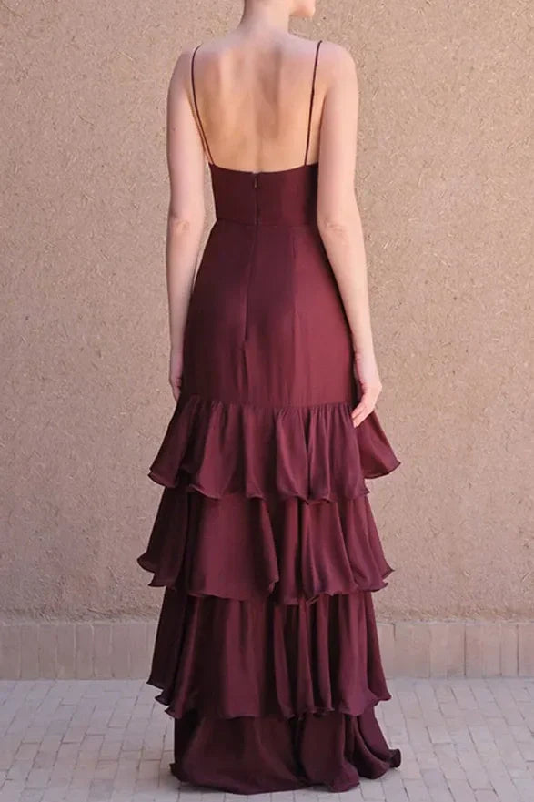 Trendy A Line Spaghetti Straps Burgundy Long Prom Dress with Ruffles