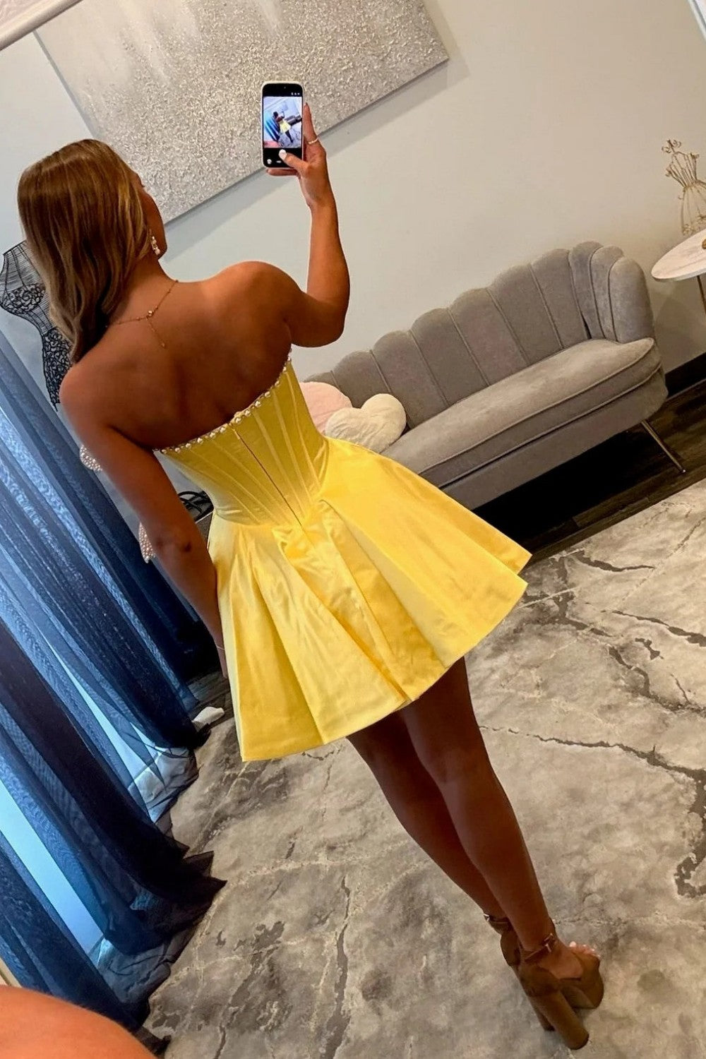 Trendy A Line Strapless Yellow Corset Homecoming Dress with Pearls