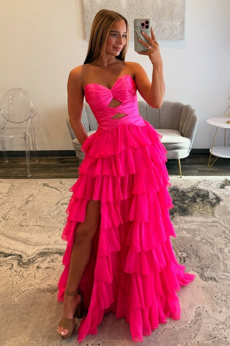Trendy A Line Sweetheart Hot Pink Long Prom Dress with Keyhole Ruffles