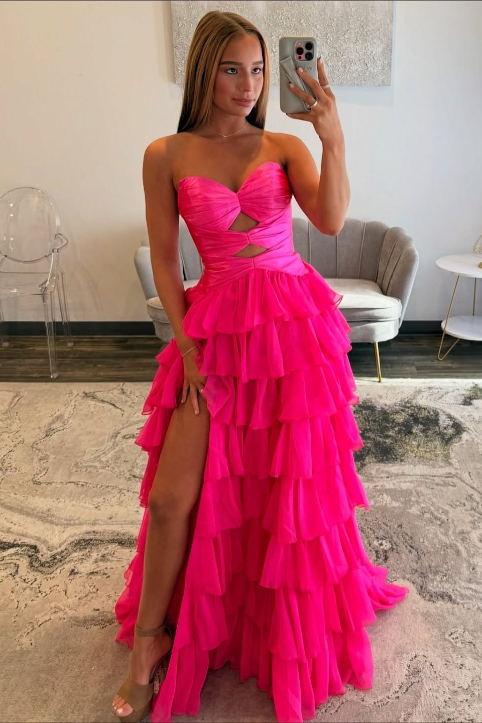 Trendy A Line Sweetheart Hot Pink Long Prom Dress with Keyhole Ruffles