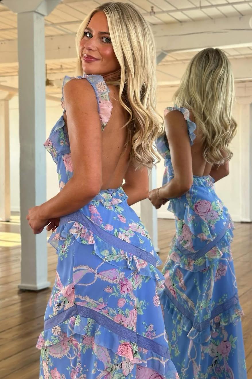 Beautiful Mermaid Spaghetti Straps Floral Print Yellow Long Prom Dress with Ruffles - View 11 | VelvetHem