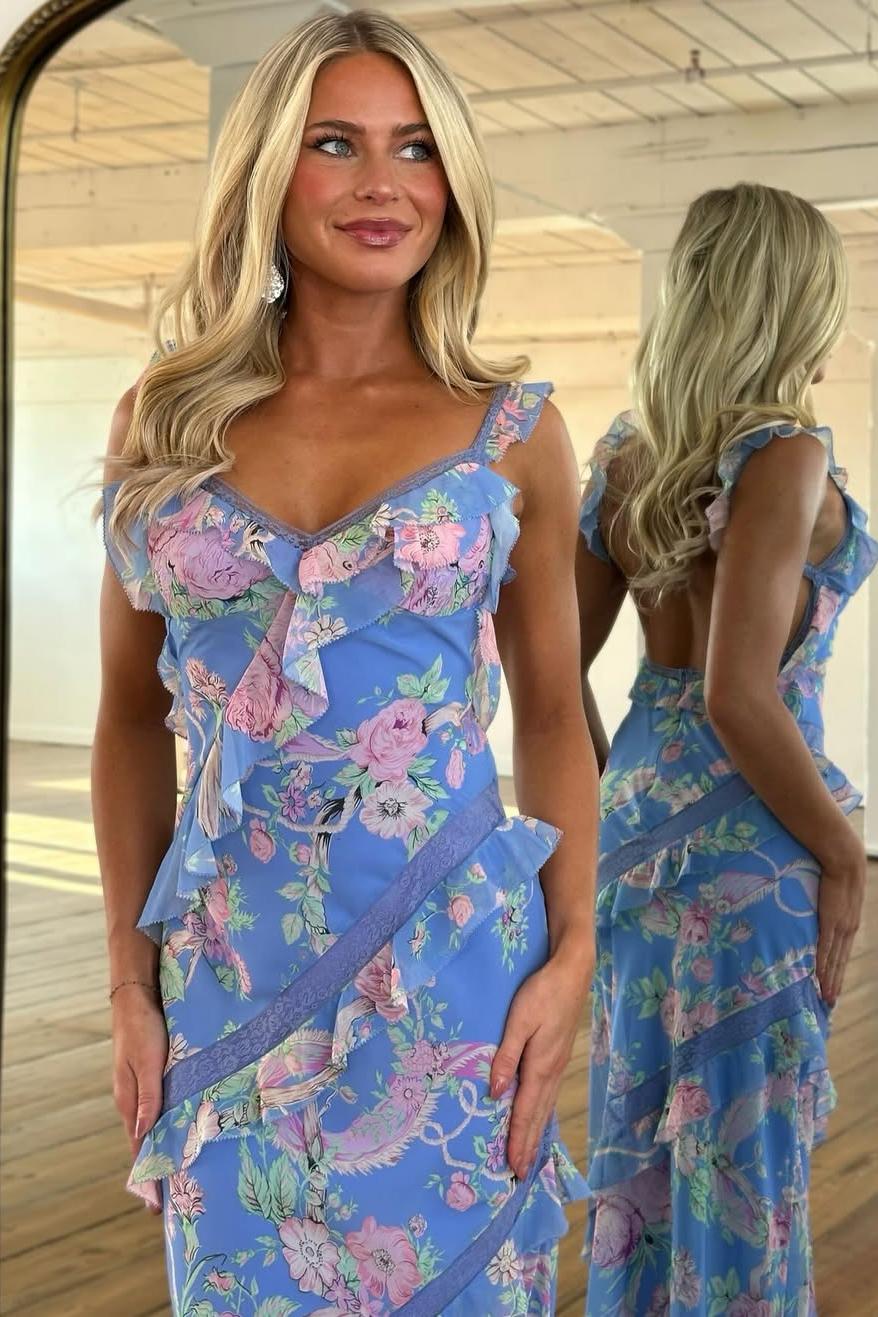 Beautiful Mermaid Spaghetti Straps Floral Print Yellow Long Prom Dress with Ruffles - View 12 | VelvetHem