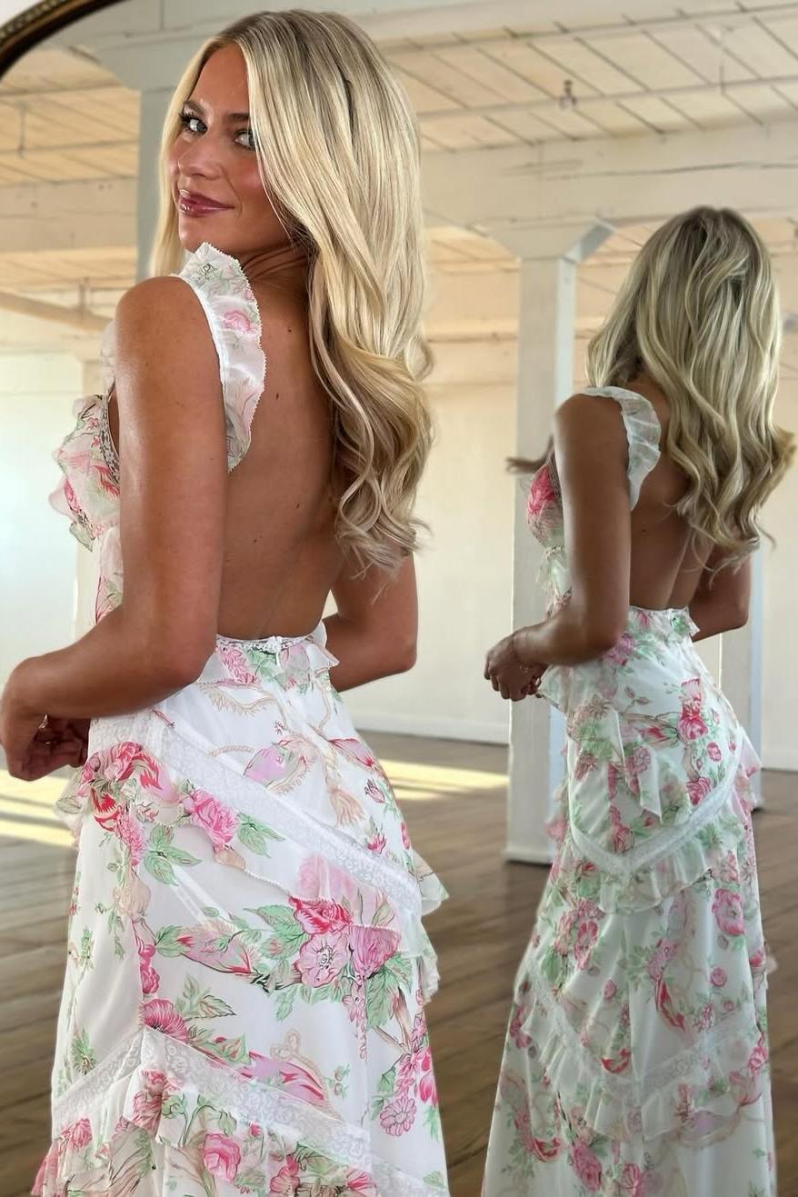 Beautiful Mermaid Spaghetti Straps Floral Print Yellow Long Prom Dress with Ruffles