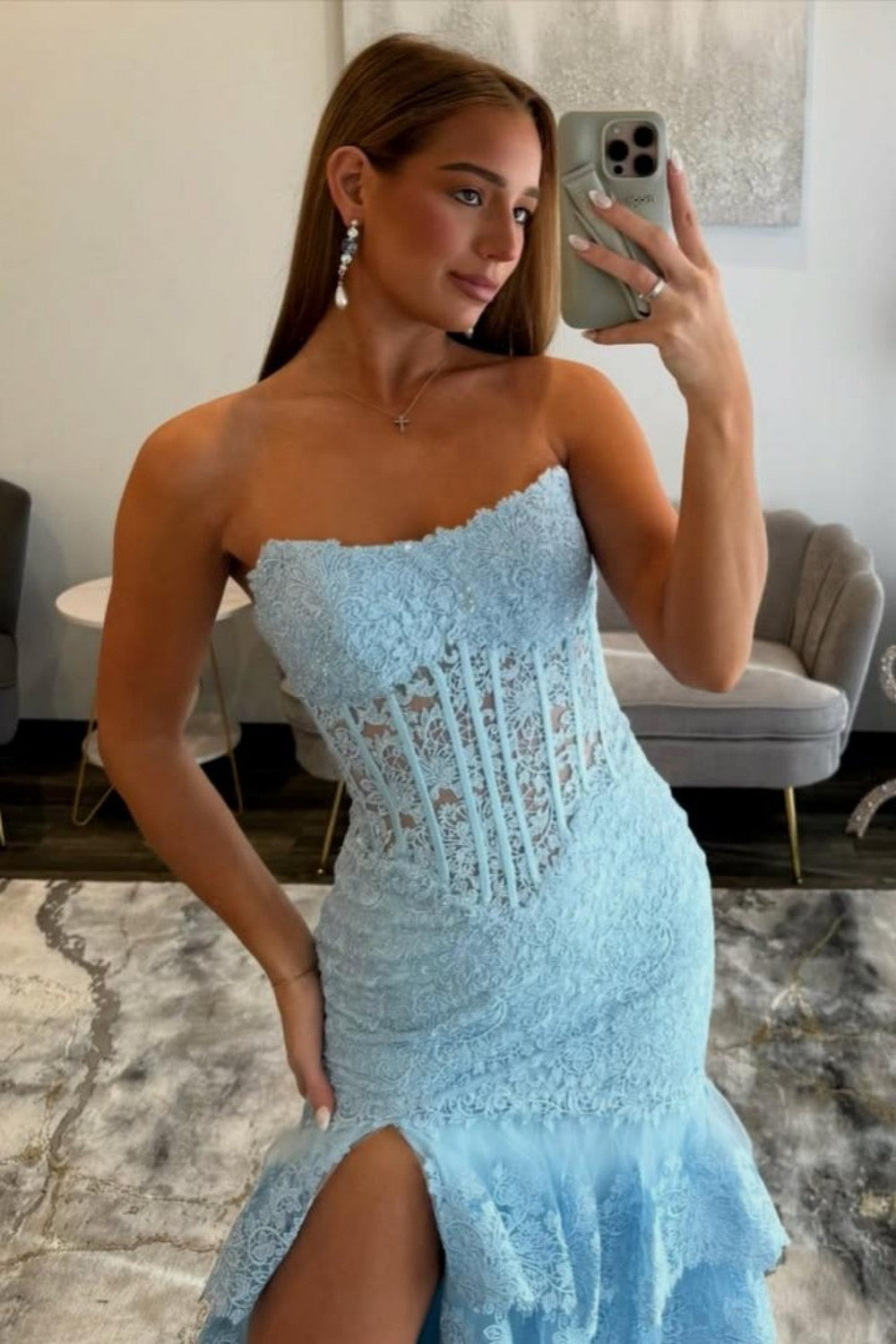 Chic Mermaid Strapless Lace Light Blue Corset Mermaid Prom Dress with Slit - View 3 | VelvetHem