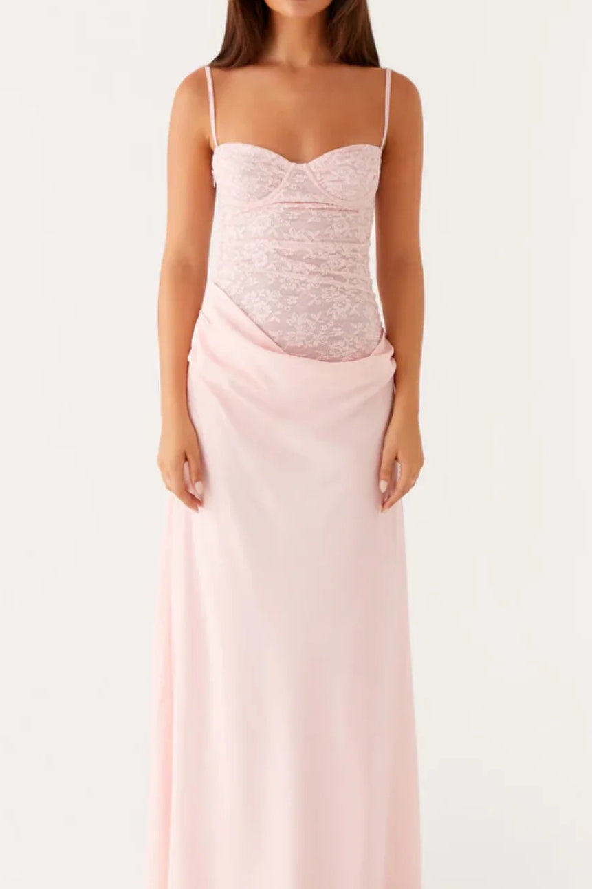 Trendy Mermaid Spaghetti Straps Light Pink Long Prom Dress with Lace