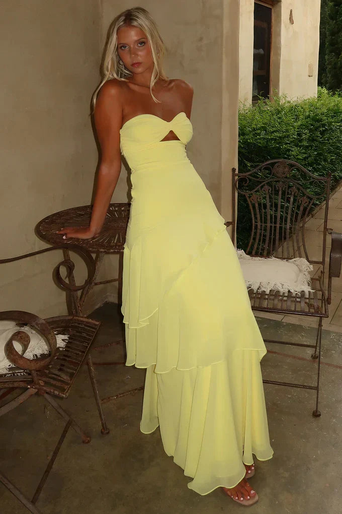 Trendy Mermaid Sweetheart Yellow Long Prom Dress with Ruffles Keyholes