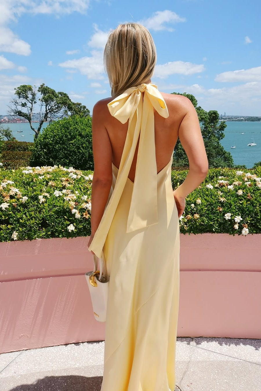 Trendy Sheath Halter Neck Yellow Satin Long Party Dress with Backless - View 2 | VelvetHem