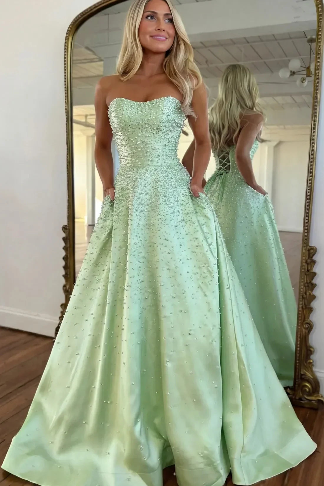 Luxurious A Line Sweetheart Black Long Prom Dress with Pearls Criss Cross Back