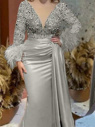 Trumpet Mermaid V Neck Satin Mother of the Bride Gown with Feather Glitter and Ruched Long Sleeves