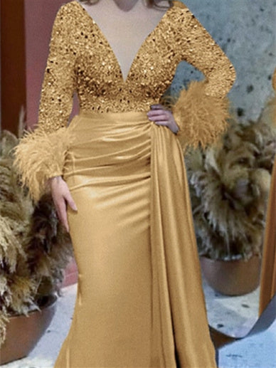 Trumpet Mermaid V Neck Satin Mother of the Bride Gown with Feather Glitter and Ruched Long Sleeves