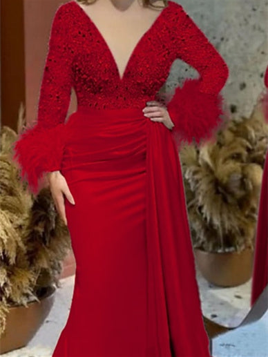 Trumpet Mermaid V Neck Satin Mother of the Bride Gown with Feather Glitter and Ruched Long Sleeves