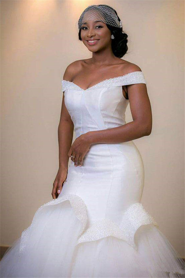 Tulle Mermaid White Glamorous Beads Sweep-Train Lace-up Off-the-shoulder Wedding Dress