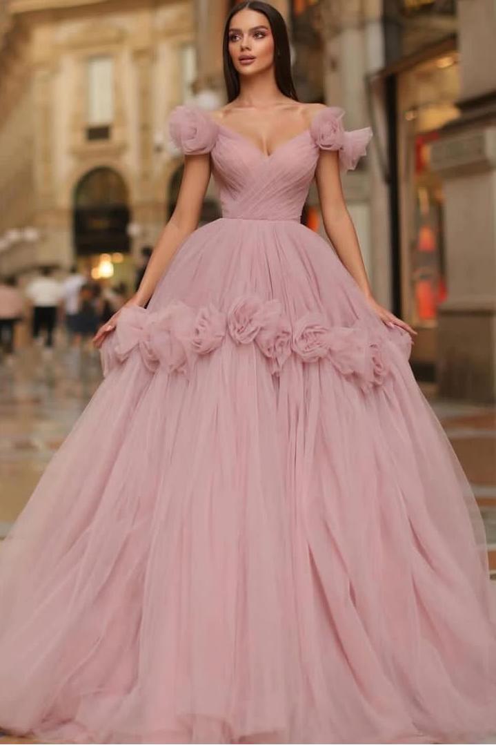 Tulle Off the Shoulder Sleeveless Long Evening Formal Dress With Flower Appliques
