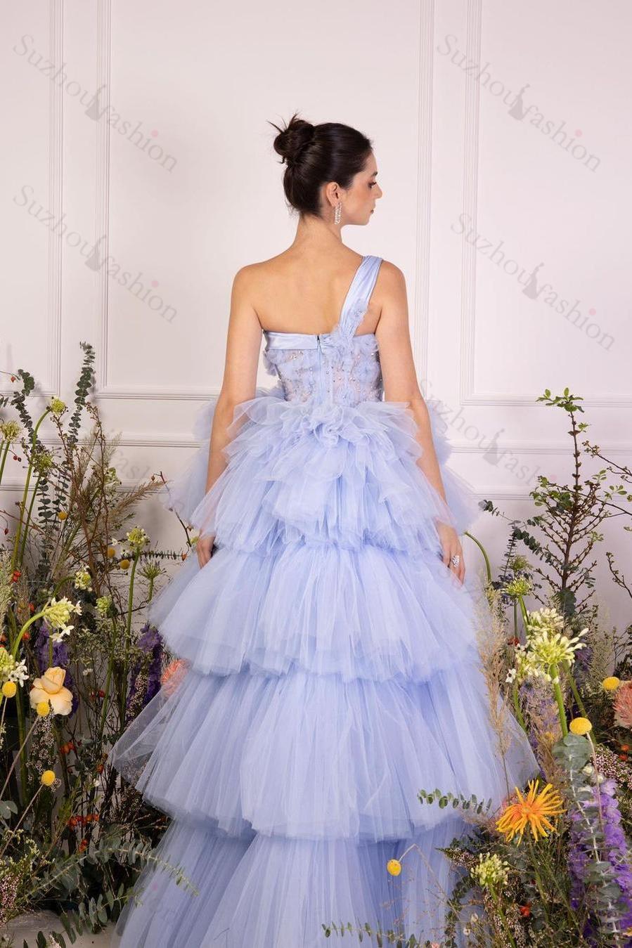 Tulle One Shoulder Sleeveless Ball Gown Long Evening Formal Dress