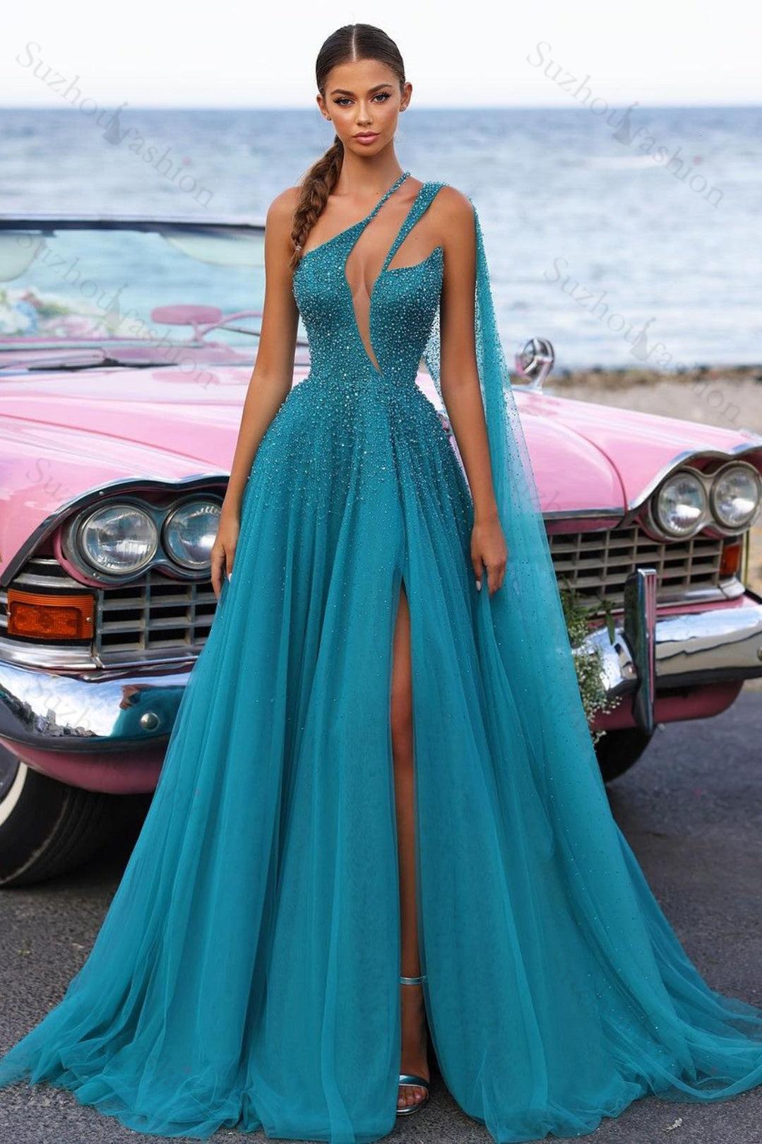 Tulle Prom Dress One Shoulder Green Sequined Evening Formal Dress With High Slit