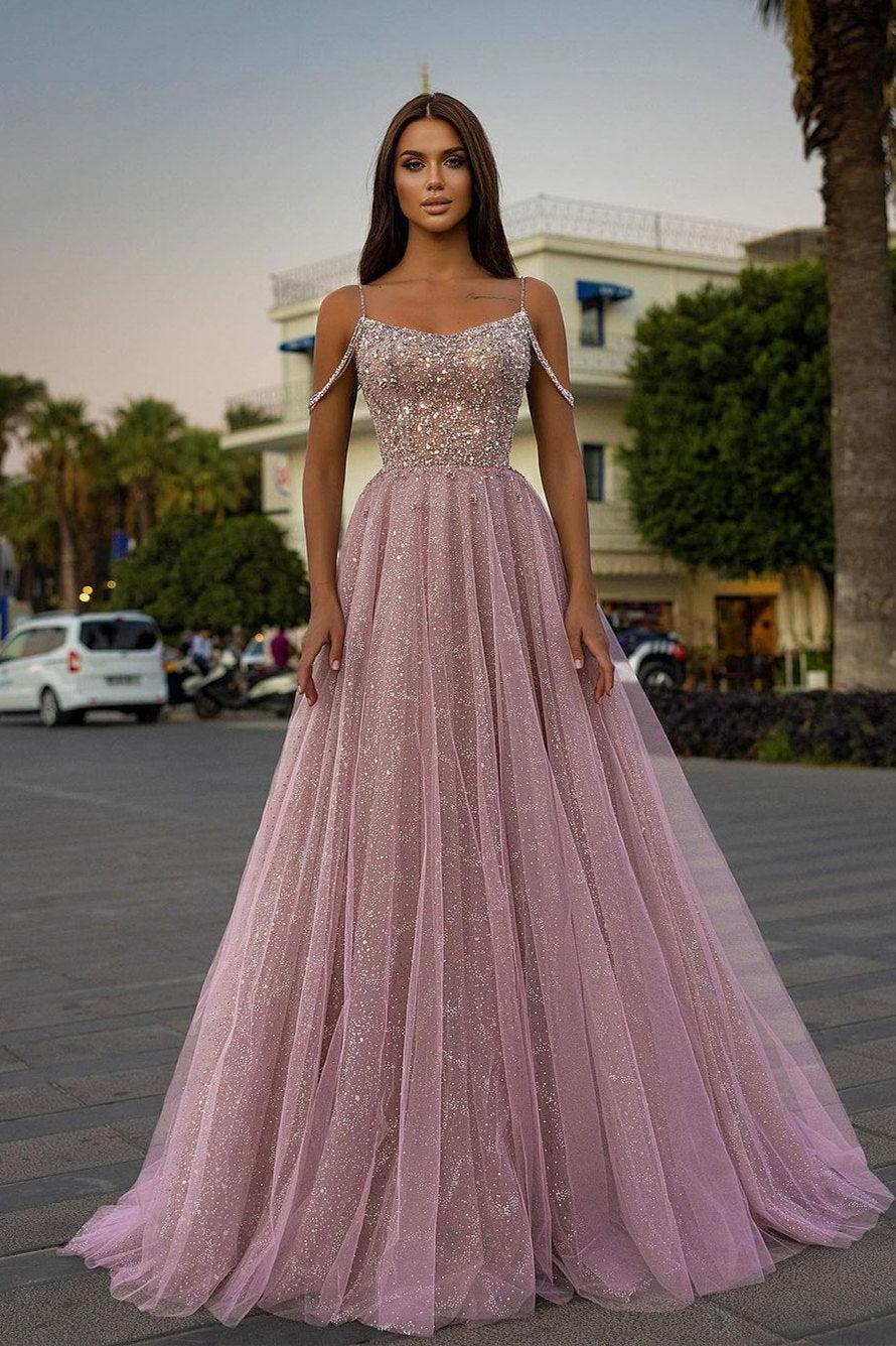 Tulle Spaghetti Strap Sleeveless A Line Long Evening Formal Dress With Sequined Beads